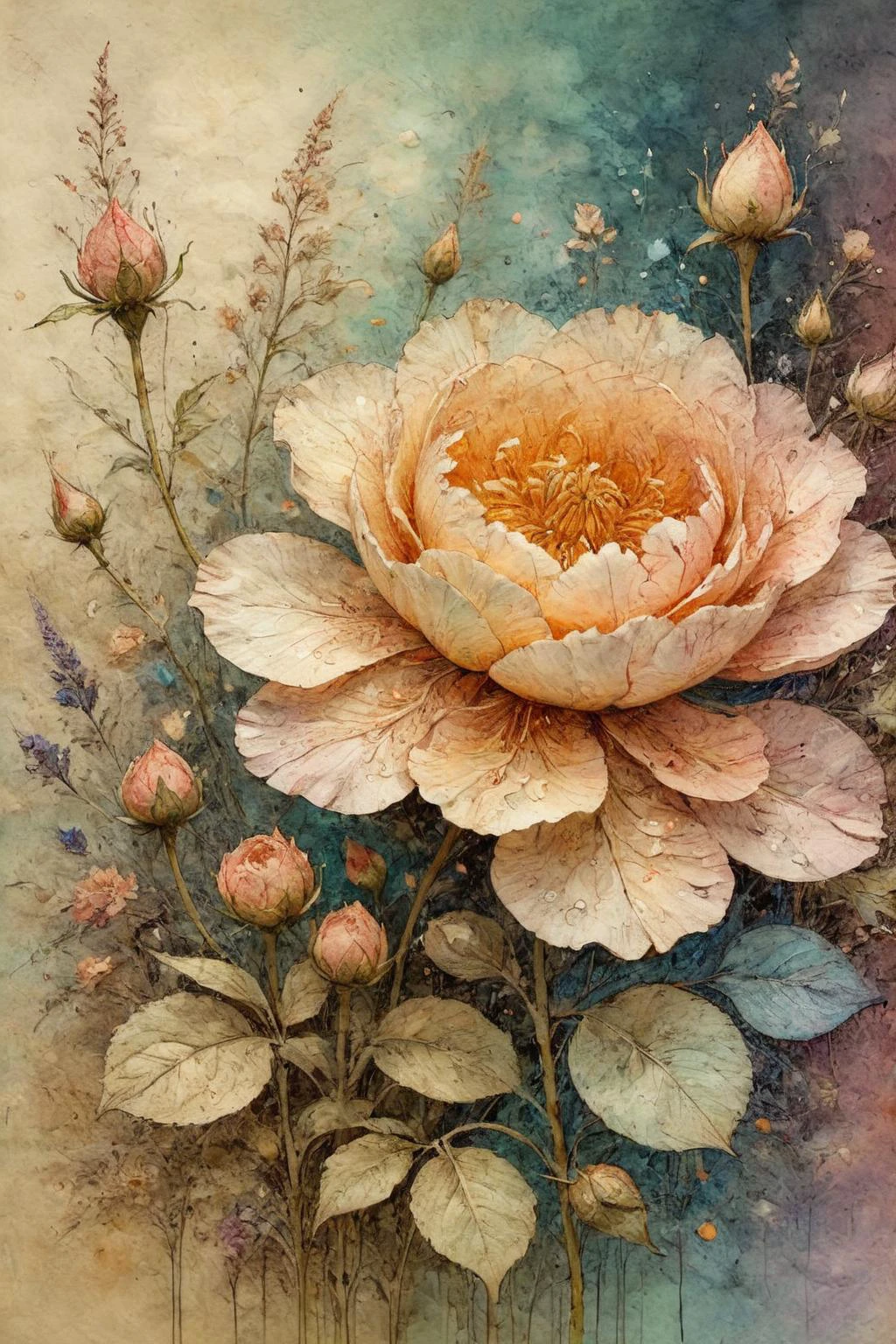 ON PARCHMENT,INK ILLUSTRATION,<lora:ParchartXL-1.5:0.9>,
Ultra detailed palette knife art,art by Thomas Dewing,majestic dreamlike floral garden,close-up,within the frame,fantasy art,filigree,warm colors,beautiful pastel colors,blooming watercolor technique,salt watercolor technique,(impasto),(volumetric),(parametric art:1.5),particles,elements,beautiful,award-winning masterpiece,intricately detailed,highly detailed environment,best quality,award winning illustration,