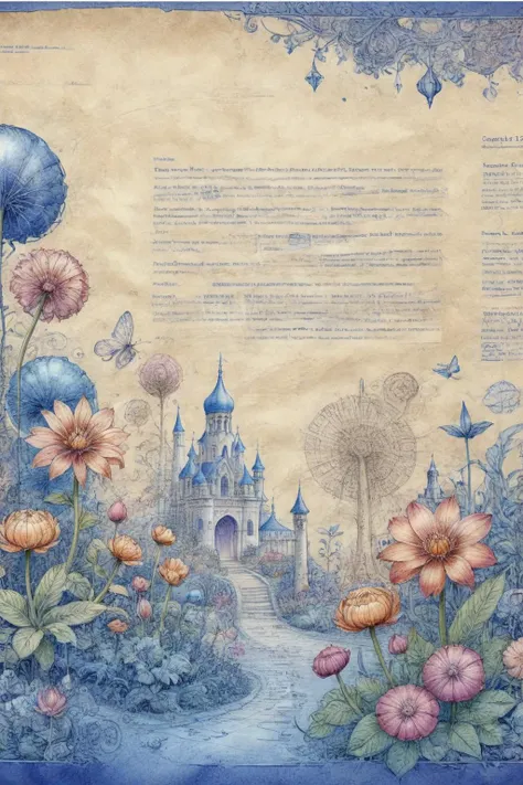 ON PARCHMENT,INK ILLUSTRATION,<lora:ParchartXL-1.5:0.9>,<lora:bl3uprint:1>,bl3uprint,
A blueprint of a magnificent dreamlike garden,in frame,Fantasy art,filigree,warm colors,beautiful pastel colors,blooming watercolor technique,saltwater color technique,(impasto),(volumetric),(Parametric Art :1.5),particles,elements,beautiful,award-winning masterpieces,intricate details,highly detailed environments,Best quality,award-winning illustrations,drawn on parchment paper,detailed annotated text,blue background,grid lines,