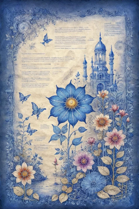 ON PARCHMENT,INK ILLUSTRATION,<lora:ParchartXL-1.5:0.9>,<lora:bl3uprint:1>,bl3uprint,
A blueprint of a magnificent dreamlike garden,in frame,Fantasy art,filigree,warm colors,beautiful pastel colors,blooming watercolor technique,saltwater color technique,(impasto),(volumetric),(Parametric Art :1.5),particles,elements,beautiful,award-winning masterpieces,intricate details,highly detailed environments,Best quality,award-winning illustrations,drawn on parchment paper,detailed annotated text,blue background,grid lines,