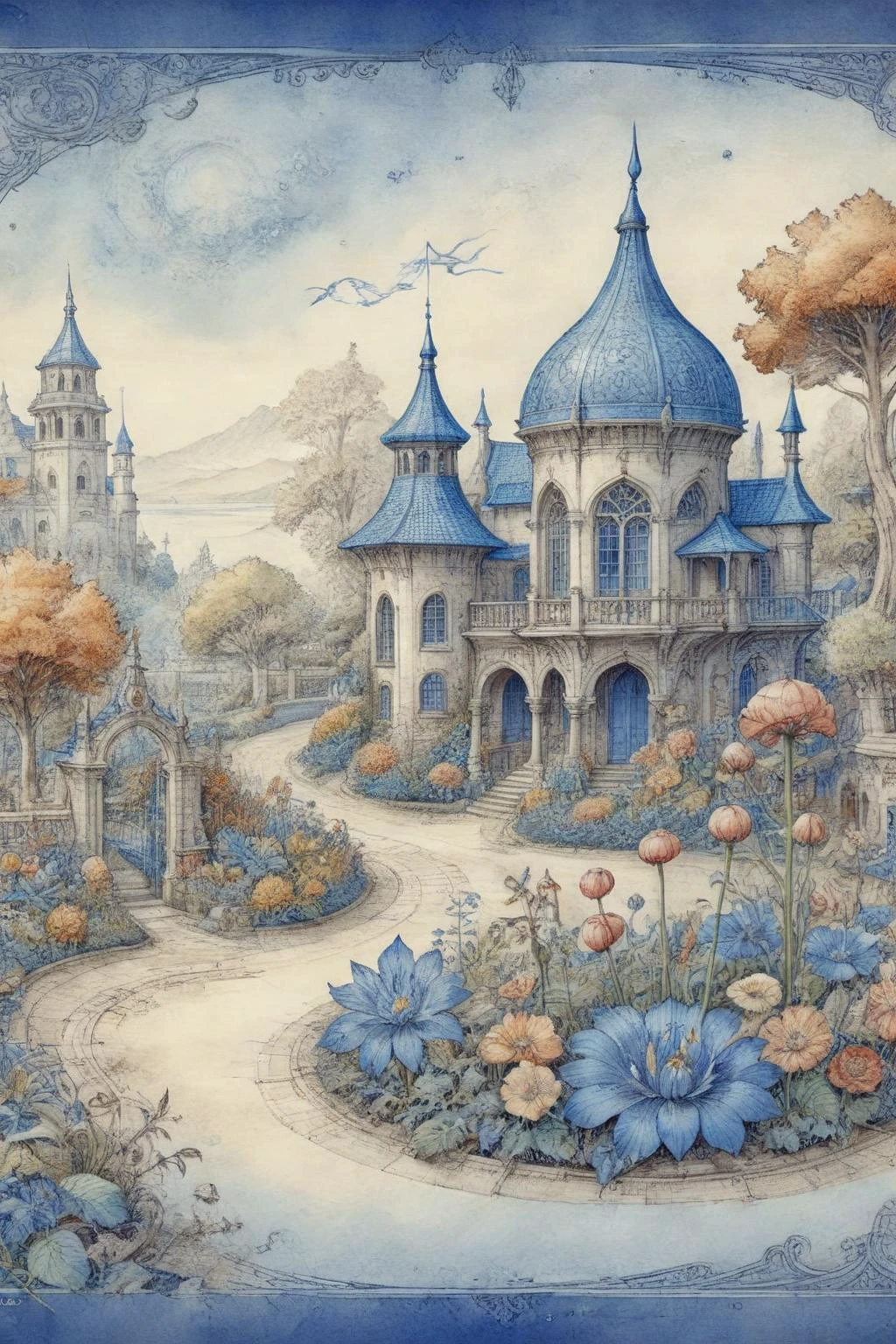 ON PARCHMENT,INK ILLUSTRATION,<lora:ParchartXL-1.5:0.9>,<lora:bl3uprint:1>,bl3uprint,by Anton Pieck,
A blueprint of a magnificent dreamlike garden,in frame,Fantasy art,filigree,warm colors,beautiful pastel colors,blooming watercolor technique,saltwater color technique,(impasto),(volumetric),(Parametric Art :1.5),particles,elements,beautiful,award-winning masterpieces,intricate details,highly detailed environments,Best quality,award-winning illustrations,drawn on parchment paper,detailed annotated text,blue background,grid lines,