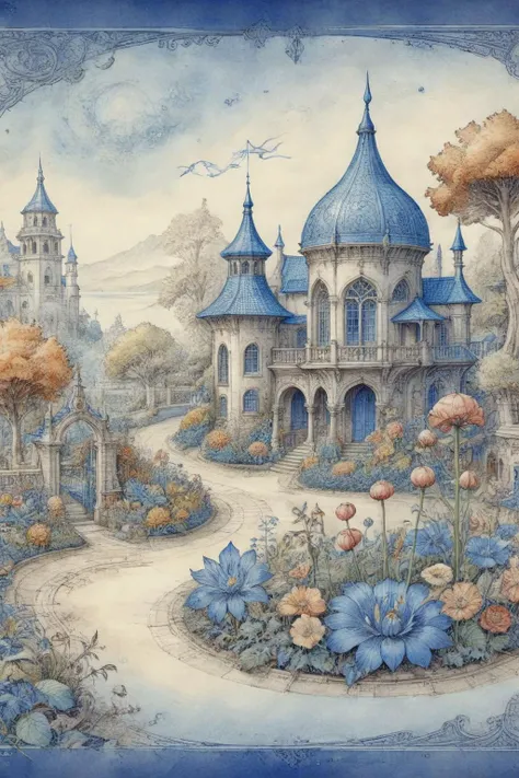 ON PARCHMENT,INK ILLUSTRATION,<lora:ParchartXL-1.5:0.9>,<lora:bl3uprint:1>,bl3uprint,by Anton Pieck,
A blueprint of a magnificent dreamlike garden,in frame,Fantasy art,filigree,warm colors,beautiful pastel colors,blooming watercolor technique,saltwater color technique,(impasto),(volumetric),(Parametric Art :1.5),particles,elements,beautiful,award-winning masterpieces,intricate details,highly detailed environments,Best quality,award-winning illustrations,drawn on parchment paper,detailed annotated text,blue background,grid lines,