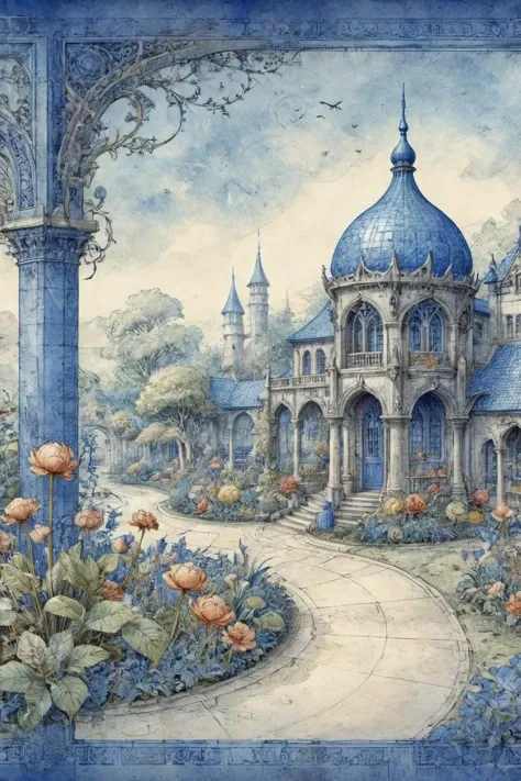 ON PARCHMENT,INK ILLUSTRATION,<lora:ParchartXL-1.5:0.9>,<lora:bl3uprint:1>,bl3uprint,by Anton Pieck,
A blueprint of a magnificent dreamlike garden,in frame,Fantasy art,filigree,warm colors,beautiful pastel colors,blooming watercolor technique,saltwater color technique,(impasto),(volumetric),(Parametric Art :1.5),particles,elements,beautiful,award-winning masterpieces,intricate details,highly detailed environments,Best quality,award-winning illustrations,drawn on parchment paper,detailed annotated text,blue background,grid lines,