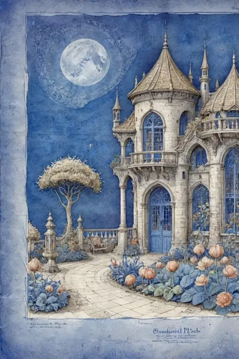 ON PARCHMENT,INK ILLUSTRATION,<lora:ParchartXL-1.5:0.9>,<lora:bl3uprint:1>,bl3uprint,by Anton Pieck,
A blueprint of a magnificent dreamlike garden,in frame,Fantasy art,filigree,warm colors,beautiful pastel colors,blooming watercolor technique,saltwater color technique,(impasto),(volumetric),(Parametric Art :1.5),particles,elements,beautiful,award-winning masterpieces,intricate details,highly detailed environments,Best quality,award-winning illustrations,drawn on parchment paper,detailed annotated text,blue background,grid lines,