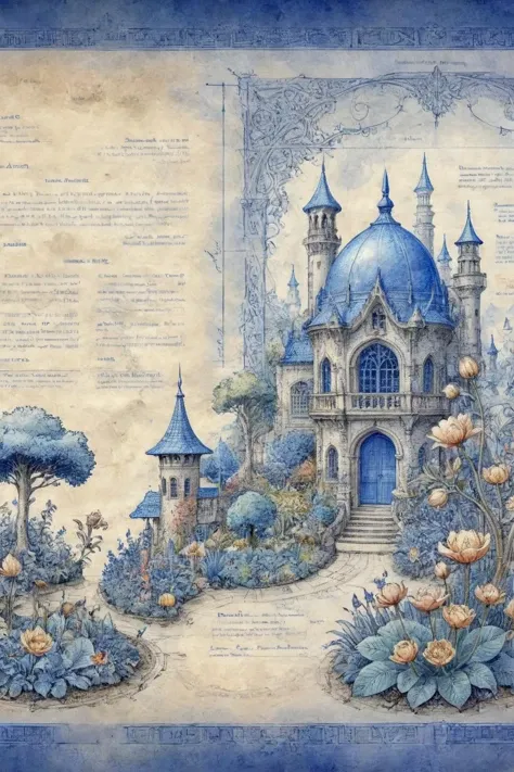ON PARCHMENT,INK ILLUSTRATION,<lora:ParchartXL-1.5:0.9>,<lora:bl3uprint:1>,bl3uprint,by Anton Pieck,
A blueprint of a magnificent dreamlike garden,in frame,Fantasy art,filigree,warm colors,beautiful pastel colors,blooming watercolor technique,saltwater color technique,(impasto),(volumetric),(Parametric Art :1.5),particles,elements,beautiful,award-winning masterpieces,intricate details,highly detailed environments,Best quality,award-winning illustrations,drawn on parchment paper,detailed annotated text,blue background,grid lines,