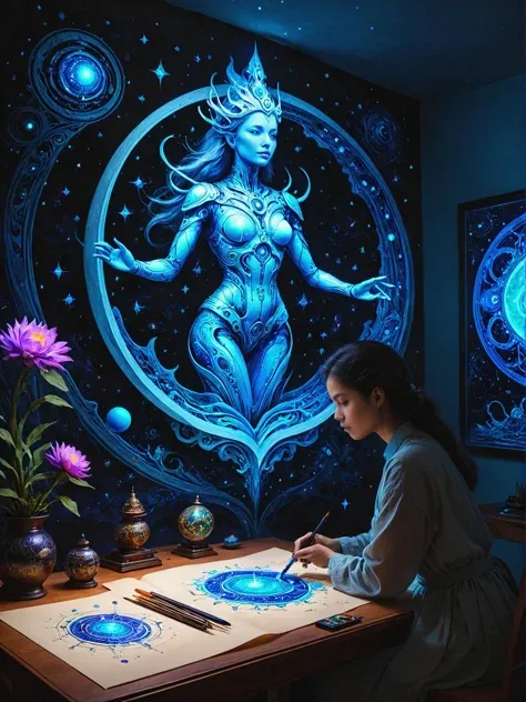 Biomechanical artist creating living sculptures in Astral plane reflecting ethereal landscapes, ultra-fine digital painting, <lora:xl_more_art-full_v1:0.3>,   <lora:ParchartXL-1.5:0.7> on parchment, ink illustration, <lora:blacklight_makeup_v2:0.7> blacklight makeup