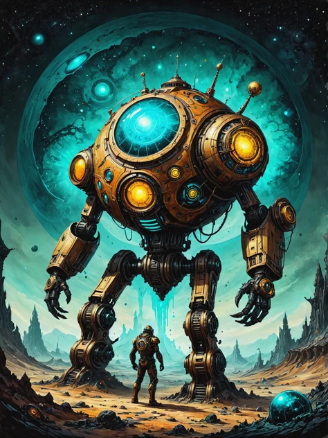 Clockwork colossus with precise mechanical movements in Exoplanet ecosystem driven by bioluminescence, ultra-fine digital painting, <lora:xl_more_art-full_v1:0.3>, <lora:ParchartXL-1.5:0.7> on parchment, ink illustration, <lora:gorgoeus_splash_of_vibrant_paint:0.7> Gorgeous splash of vibrant paint