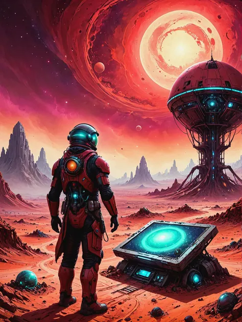 Quantum illusionist creating alternate reality simulations in Martian colonies under crimson sky, ultra-fine digital painting, <lora:xl_more_art-full_v1:0.3>, <lora:ParchartXL-1.5:0.7> on parchment, ink illustration, <lora:Dreamyvibes artstyle SDXL - Trigger with dreamyvibes artstyle:0.7> Dreamyvibes Artstyle