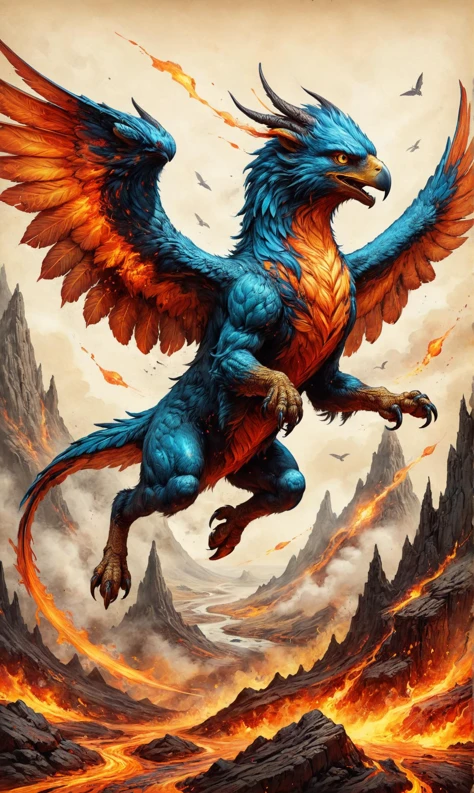 <lora:ral-lava-sdxl:0.4> ral-lava Gryphon hunter soaring with keen eyes in Time loop trapping inhabitants perpetually, ultra-fine digital painting, <lora:xl_more_art-full_v1:0.3>, <lora:ParchartXL-1.5:0.7> on parchment, ink illustration, <lora:gorgoeus_splash_of_vibrant_paint:0.7> Gorgeous splash of vibrant paint