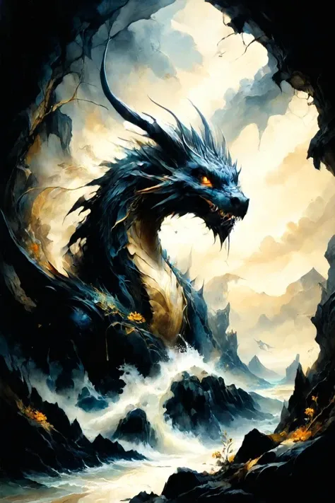 Detailed digital portrait of a <lora:Classic Western Dragons XL:0.7> dragon at a Rocky coastline with hidden sea caves, <lora:Ethereal_Grace:0.7>, <lora:ParchartXL-1.5:0.7> on parchment, <lora:xl_more_art-full_v1:0.5>, <lora:ral-elctryzt-sdxl:0.8> ral-elctryzt
