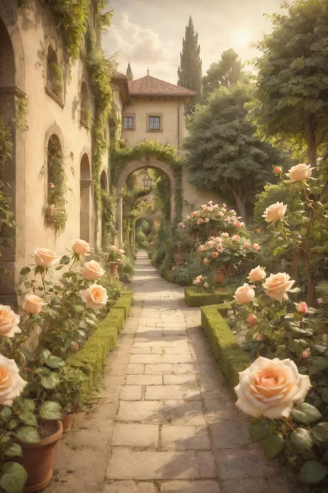 (tilt-shift photography:1.5),letitflrsh,<lora:- SDXL - letitflrsh_let_it_flourish_V1.0:1>,(masterpiece, best quality, highly detailed, intricate),a walkway in a garden with lots of green plants and trees on either side of it,(Climbing rose:1.2),lush,blooming,unimaginable beauty,Florence Engelbach,tone mapping,a flemish Baroque,german romanticism,cinematic composition,beautiful lighting,<lora:ParchartXL-1.5:0.6>,ON PARCHMENT,INK ILLUSTRATION,<lora:miaojin_xl32:0.8>, gilding\\(style\\),