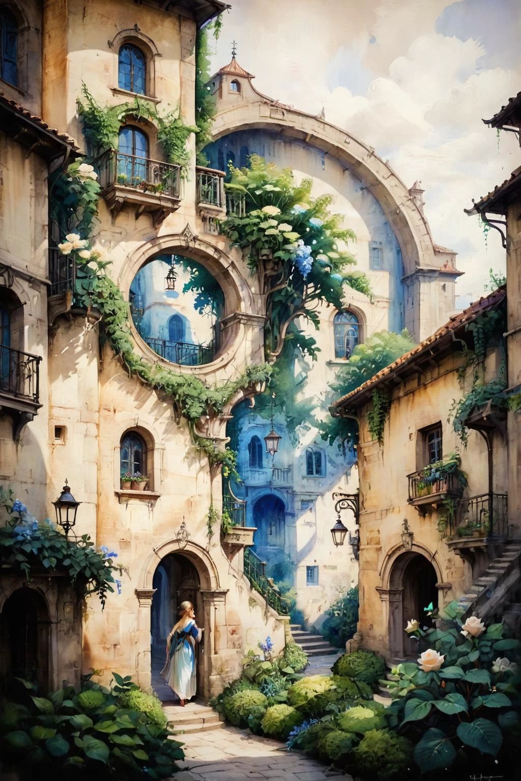(tilt-shift photography:1.5),letitflrsh,<lora:- SDXL - letitflrsh_let_it_flourish_V1.0:1>,(masterpiece, best quality, highly detailed, intricate),a walkway in a garden with lots of green plants and trees on either side of it,(Climbing rose:1.2),(Hydrangea:0.9),fragrant plantain lily,lush,blooming,unimaginable beauty,Florence Engelbach,tone mapping,a flemish Baroque,german romanticism,cinematic composition,beautiful lighting,<lora:ParchartXL-1.5:0.7>,ON PARCHMENT,INK ILLUSTRATION,<lora:Retro_Illustration:0.9>, OIL AND WATERCOLOR PAINTING,