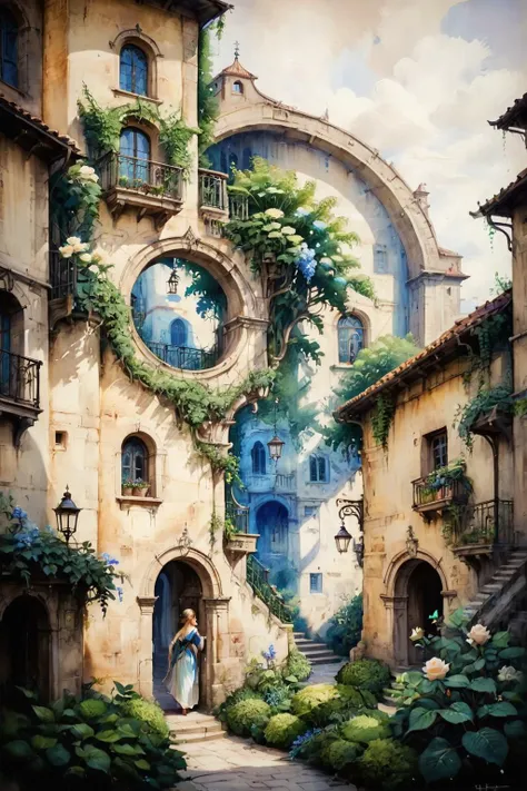 (tilt-shift photography:1.5),letitflrsh,<lora:- SDXL - letitflrsh_let_it_flourish_V1.0:1>,(masterpiece, best quality, highly detailed, intricate),a walkway in a garden with lots of green plants and trees on either side of it,(Climbing rose:1.2),(Hydrangea:0.9),fragrant plantain lily,lush,blooming,unimaginable beauty,Florence Engelbach,tone mapping,a flemish Baroque,german romanticism,cinematic composition,beautiful lighting,<lora:ParchartXL-1.5:0.7>,ON PARCHMENT,INK ILLUSTRATION,<lora:Retro_Illustration:0.9>, OIL AND WATERCOLOR PAINTING,