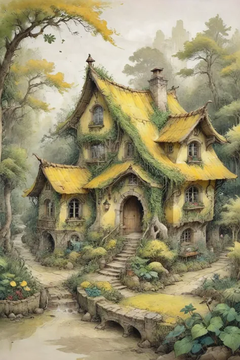 by Casey Baugh,Anton Pieck,
This illustration depicts a whimsical cottage enveloped by lush vegetation,nestled within a verdant and thriving forest. The architectural style of the cottage is unique,featuring pointed roofs and arched windows,with the entire structure being overtaken by green plants and vines,evoking a sense of age-old mystery. The warm yellow light emanating from inside hints at habitation or suggests that this might be a magical place. In the scene,birds are perched on the rooftop and tree branches,infusing life and a natural essence into the image. Overall,this illustration skillfully combines elements of reality and fantasy to create an enchanting and harmonious atmosphere reminiscent of scenes from fairy tales. Stylistically,it leans towards fantasy illustration,employing rich colors and meticulous details to craft an engaging imaginary world,
masterpiece,best quality,highly detailed,ultra-fine painting,sharp focus,physically-based rendering,extreme detail description,Professional,UHD,8K,<lora:ParchartXL-1.5:0.8>,ON PARCHMENT,<lora:20231226-1703559909561:0.6>,