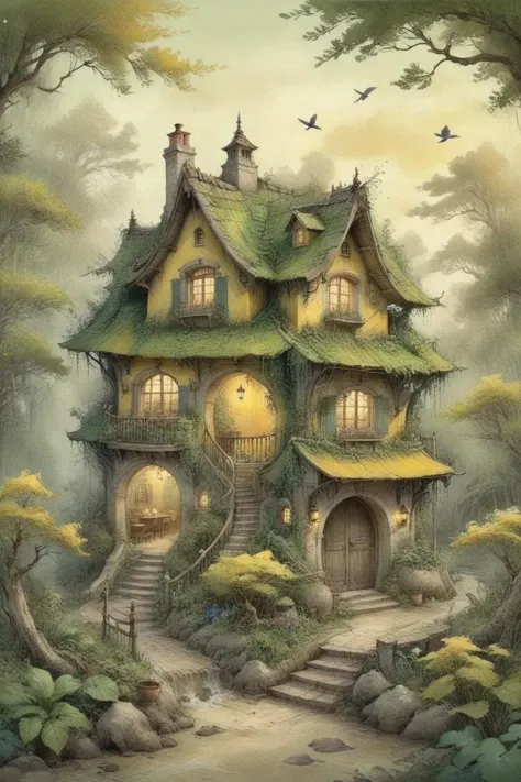 by Casey Baugh,Anton Pieck,
This illustration depicts a whimsical cottage enveloped by lush vegetation,nestled within a verdant and thriving forest. The architectural style of the cottage is unique,featuring pointed roofs and arched windows,with the entire structure being overtaken by green plants and vines,evoking a sense of age-old mystery. The warm yellow light emanating from inside hints at habitation or suggests that this might be a magical place. In the scene,birds are perched on the rooftop and tree branches,infusing life and a natural essence into the image. Overall,this illustration skillfully combines elements of reality and fantasy to create an enchanting and harmonious atmosphere reminiscent of scenes from fairy tales. Stylistically,it leans towards fantasy illustration,employing rich colors and meticulous details to craft an engaging imaginary world,
masterpiece,best quality,highly detailed,ultra-fine painting,sharp focus,physically-based rendering,extreme detail description,Professional,UHD,8K,<lora:ParchartXL-1.5:0.8>,ON PARCHMENT,<lora:20231226-1703559909561:0.6>,