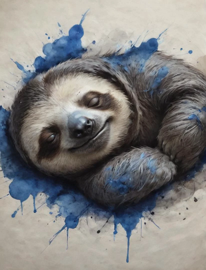 (dynamink:1.2), depiction of a sleeping sloth on a mission to sleep 18 hours instead of just 15, (blue:1.1) (inked:1.2) (spots:1.1), cinematic, deep shadows, epic, high resolution, <lora:dynamink:1>, <lora:SDXL - Style - ParchartXL-1.5:0.7> <lora:- SDXL - ptm-no2_style_V1.0:0.4> ptm-no2