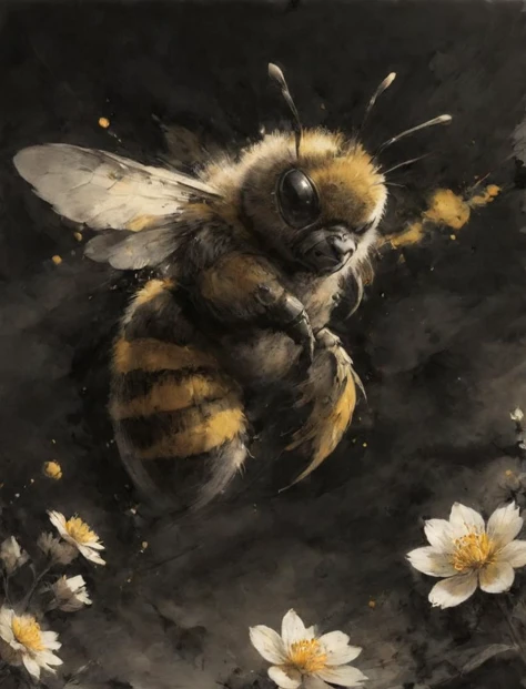 (dynamink:1.2), depiction of a honey bee on a mission to pollinate the utmost amount of flowers , (yellow:1.1) (inked:1.2) (spots:1.1), cinematic, deep shadows, epic, high resolution, <lora:dynamink:1>, <lora:SDXL - Style - ParchartXL-1.5:0.7>  <lora:- SDXL - ptm-no2_style_V1.0:0.4> ptm-no2