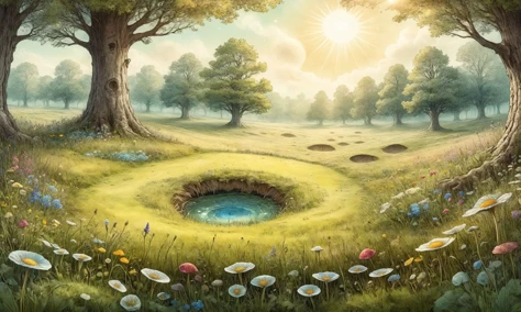 Beautiful detailed digital illustration of a Sunlit meadow with fairy ring <lora:ParchartXL-1.5:0.7> on parchment, ink illustration, <lora:fracolor:0.7> fracolor , Ambient occlusion