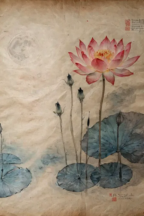 Lotus Pond Moonlight,<lora:ParchartXL-2.0:1>,ON PARCHMENT,BLACK INK OUTLINES AND WATERCOLOR ON PARCHMENT,<lora:20240124-1706086849818:0.6>, soft light,