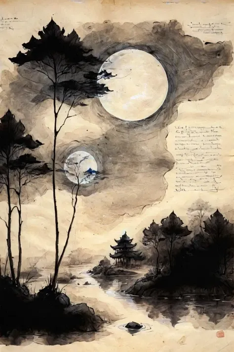 Lotus Pond Moonlight,<lora:ParchartXL-2.0:1>,ON PARCHMENT,BLACK INK OUTLINES AND WATERCOLOR ON PARCHMENT,<lora:20240124-1706086849818:0.8>, soft light,