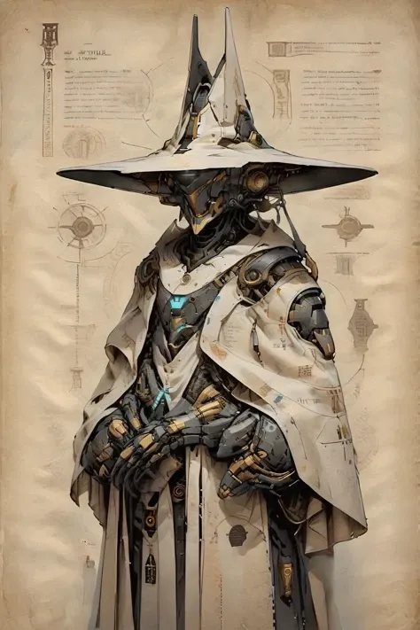 <lora:ParchartXL-2.0:1>,ON PARCHMENT,ink on parchment,
Character Design Sheet,a Celestial judging robot drawn on parchment,robotic hat,robe,detailed text annotation,detailed description of each part of the character,<lora:Celestial Judge Robot XL:1>, Celestial judge robot,