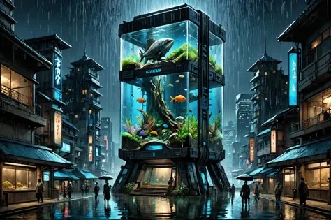 poster, giant aquarium tower in the scifi town square of future tokyo, rain at night, concept art, cinematic backlighting, magical deep shadows, ultra-realism, on parchment, ink on parchment, <lora:ParchartXL-2.0:1>