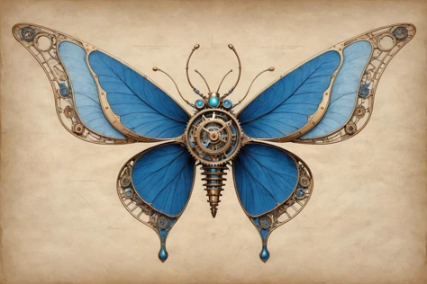 The blueprint for a biomechanical butterfly creation embodies an exquisite fusion of art and engineering,encapsulating the aesthetic beauty of nature with intricate mechanical innovation. This conceptual design features a blue-hued insectoid creature,its wings intricately detailed to resemble the fine art of a butterfly's iridescence while being augmented by brass and golden gears that articulate in a clockwork fashion. The steampunk-influenced machinery is not only ornate but also precisely engineered,with every gear and linkage meticulously diagrammed to mimic the delicate biomechanics of natural flight,
This elegant fantasy creation is a testament to advanced automation and technical prowess,where the wings' undulating motion is powered by a series of hidden mechanisms,allowing for a lifelike flutter that blurs the lines between organic and artificial,<lora:ParchartXL-2.0:0.8>,ON PARCHMENT,INK ON PARCHMENT,