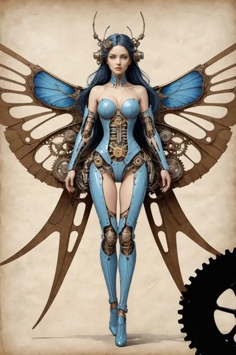 in this highly creative and artistic biomechanical blueprint,the designers have conceived of a beautiful biomechanical girl whose deep blue wings not only show exceptional aesthetics,but also cleverly blend biomechanical principles with sophisticated automation technology. The wings are inspired by butterflies,and each wing film is exquisitely detailed,like a delicate mechanical work of art,inlaid with shining brass and gold gears,driven by a clockwork precision transmission system,presenting a breathtaking dynamic beauty,
The image of the mechanical girl is full of steampunk decorative details,and her construction incorporates elaborate mechanical parts such as pistons,interlocking mechanisms,and elegantly arranged gears,which together create a highly complex biomechanical body. Its design concept goes deep into every tiny joint and transmission structure,pushing the craftsmanship of engineering and art to the extreme,<lora:ParchartXL-2.0:0.8>,ON PARCHMENT,INK ON PARCHMENT,