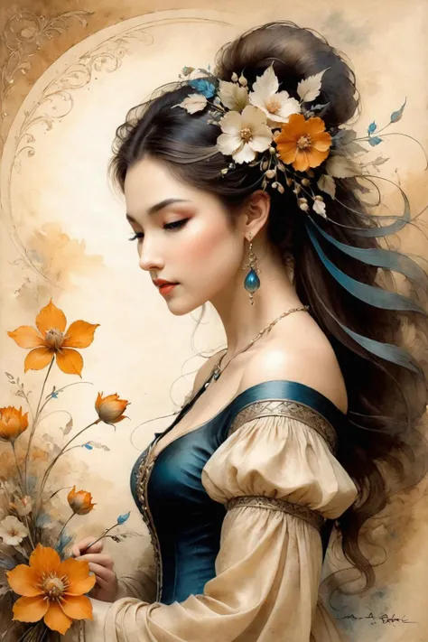 An Anne Bachelier style girl,stunning beauty,painted on parchment,herding sheep,lots of flowers,spring breath,serenity,fantasy style,gorgeous details,intricate details,masterpieces,fine art,Baroque and pastoral blend,<lora:ParchartXL-2.0:1>, ON PARCHMENT,INK ON PARCHMENT,