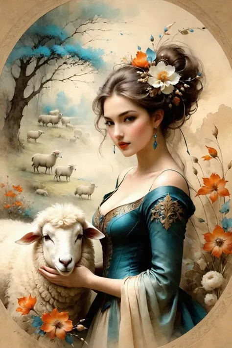 An Anne Bachelier style girl,stunning beauty,painted on parchment,herding sheep,lots of flowers,spring breath,serenity,fantasy style,gorgeous details,intricate details,masterpieces,fine art,Baroque and pastoral blend,<lora:ParchartXL-2.0:1>, ON PARCHMENT,INK ON PARCHMENT,