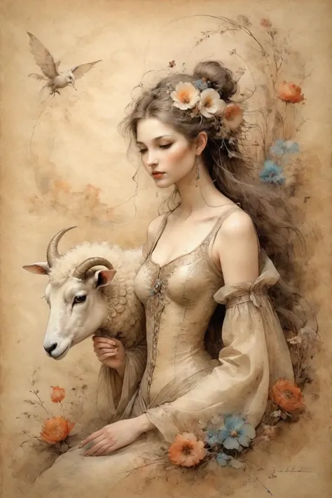 An Anne Bachelier style girl,stunning beauty,painted on parchment,herding sheep,lots of flowers,spring breath,serenity,fantasy style,gorgeous details,intricate details,masterpieces,fine art,Baroque and pastoral blend,<lora:ParchartXL-2.0:1>, ON PARCHMENT,INK ON PARCHMENT,