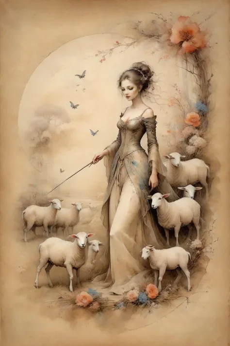 warm tone, shepherd holding a stick, wandering, sheep, sheep, sheep,sheep,sheep,sheep,sheep, many sheep and dogs and birds, blood, dirty clothe, a mature sad female, back of female, ethereal, large breasts, vivid color, bare shoulders, arms down, armpits, thighs, [light smile], expressionless, masterpiece, 8k resolution, fantasy art, ((high jumper's body proportions)), ((obesity: 0.0)), ((((no panties)))), ((no panties))), ((( No pants))),(((No socks)))),(No skirt)))),((No shoes)))),((Dynamic posture)))), (Full body))), , (Greek feet), (Carefully groomed nails),((Delicate and small toes, perfect toes))), (Camel toes),((Correct anatomy)),((Correct dissection))),( Clothing: high slit design, white flowers cut at the waist, perfectly blending with the figure))), (((the world of clouds and mist))), (the clothes are painted with dirty and blood )))),