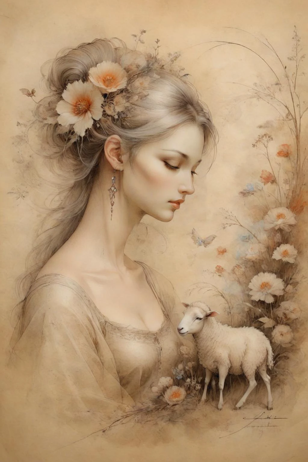 An Anne Bachelier style girl,stunning beauty,painted on parchment,herding sheep,lots of flowers,spring breath,serenity,fantasy style,gorgeous details,intricate details,masterpieces,fine art,Baroque and pastoral blend,<lora:ParchartXL-2.0:1>, ON PARCHMENT,INK ON PARCHMENT,