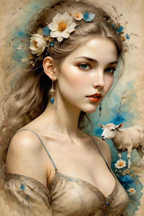 An Anne Bachelier style girl,stunning beauty,painted on parchment,herding sheep,lots of flowers,spring breath,serenity,fantasy style,gorgeous details,intricate details,masterpieces,fine art,Baroque and pastoral blend,<lora:ParchartXL-2.0:1>, ON PARCHMENT,INK ON PARCHMENT,