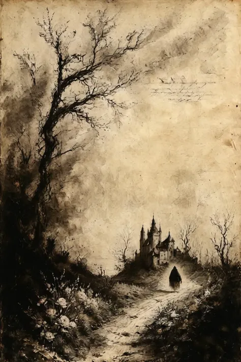 <lora:Desolation:0.8>,A Rembrandt style pastoral landscape painting,blending Baroque and Rococo brushstrokes,fields,flowers,castles,and Superman walking on the road,facing the viewer,<lora:ParchartXL-2.0:0.9>, ON PARCHMENT,INK ON PARCHMENT,