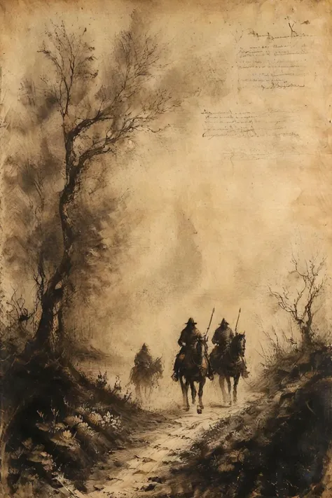 <lora:Desolation:0.8>,A Rembrandt style pastoral landscape painting,blending Baroque and Rococo brushstrokes,fields,flowers,castles,and tired knights riding along the road,<lora:ParchartXL-2.0:0.9>,ON PARCHMENT,INK ON PARCHMENT,