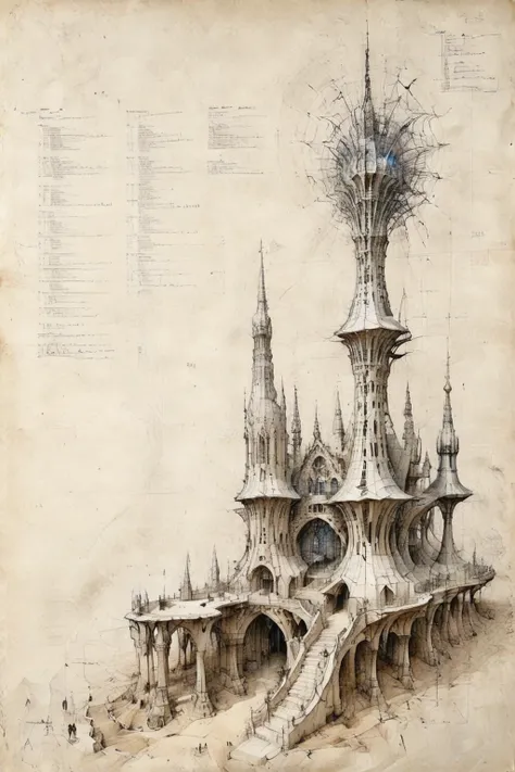 <lora:Desolation:0.8>,<lora:ParchartXL-2.0:0.9>,ON PARCHMENT,INK ON PARCHMENT,
A grand futuristic architectural design,elevations,sections,hand-drawn renderings,detailed annotations,grid lines,by Antoni Gaudi,Sou Fujimoto,