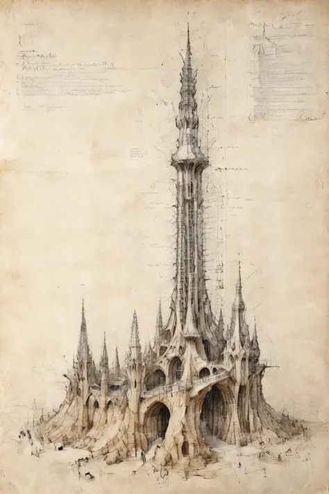 <lora:Desolation:0.8>,<lora:ParchartXL-2.0:0.9>,ON PARCHMENT,INK ON PARCHMENT,
A grand futuristic architectural design,elevations,sections,hand-drawn renderings,detailed annotations,grid lines,by Antoni Gaudi,Sou Fujimoto,