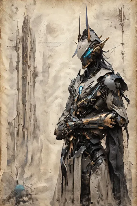 <lora:Desolation:0.8>,A Celestial judge robot,sword in hand,stands in front of a grand futuristic building,<lora:ParchartXL-2.0:0.9>,ON PARCHMENT,INK ON PARCHMENT,<lora:Celestial Judge Robot XL:1>,Celestial judge robot,
