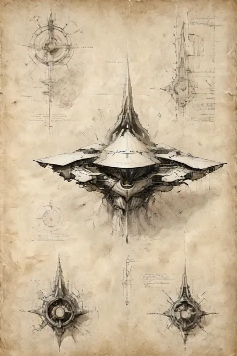 <lora:Desolation:0.8>,A grand futuristic architectural design,elevations,hand-drawn renderings,detailed annotations,grid lines,<lora:ParchartXL-2.0:0.9>,ON PARCHMENT,INK ON PARCHMENT,<lora:Celestial Judge Robot XL>,