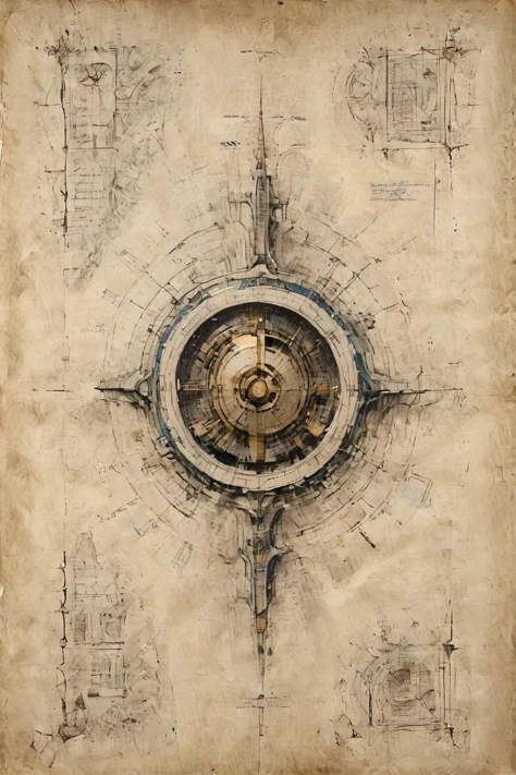 <lora:Desolation:0.8>,A grand futuristic architectural design,detailed annotation,grid lines,<lora:ParchartXL-2.0:0.9>,ON PARCHMENT,INK ON PARCHMENT,<lora:Celestial Judge Robot XL>,