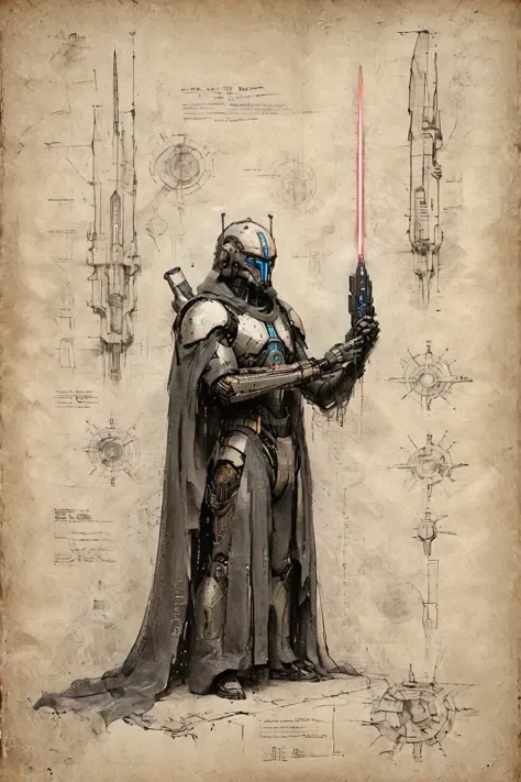 <lora:Desolation:0.8>,A grand futuristic architectural design,elevation view,sectional drawing,hand-drawn renderings,detailed annotations,grid lines,<lora:ParchartXL-2.0:0.9>,ON PARCHMENT,INK ON PARCHMENT,<lora:Celestial Judge Robot XL:0.8>,Celestial judge robot,holding Lightsaber from Star Wars,