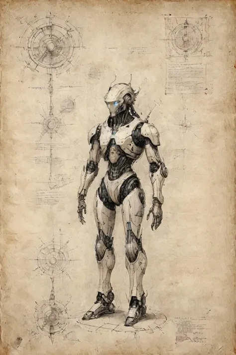 <lora:Desolation:0.8>,A grand futuristic architectural design,elevation view,sectional drawing,hand-drawn renderings,detailed annotations,grid lines,<lora:ParchartXL-2.0:0.9>,ON PARCHMENT,INK ON PARCHMENT,<lora:Celestial Judge Robot XL:0.5>, Celestial judge robot,