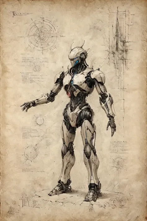 <lora:Desolation:0.8>,A grand futuristic architectural design,elevation view,sectional drawing,hand-drawn renderings,detailed annotations,grid lines,<lora:ParchartXL-2.0:0.9>,ON PARCHMENT,INK ON PARCHMENT,<lora:Celestial Judge Robot XL:0.7>, Celestial judge robot,