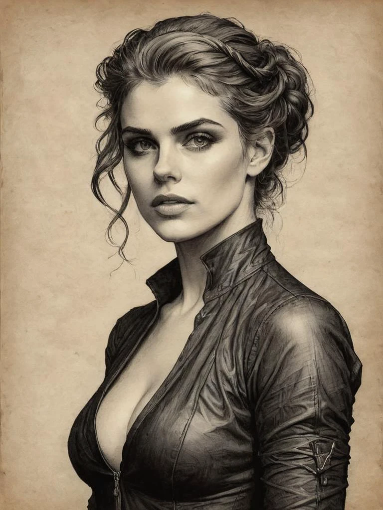on parchment, ink illustration, amazing lifelike award winning pencil illustration of DV_Maxine_Vicious trending on art station artgerm Charles Reiffel, Eadweard Muybridge cinematic, <lora:add-detail-xl:1> <lora:ParchartXL-1.5:1>