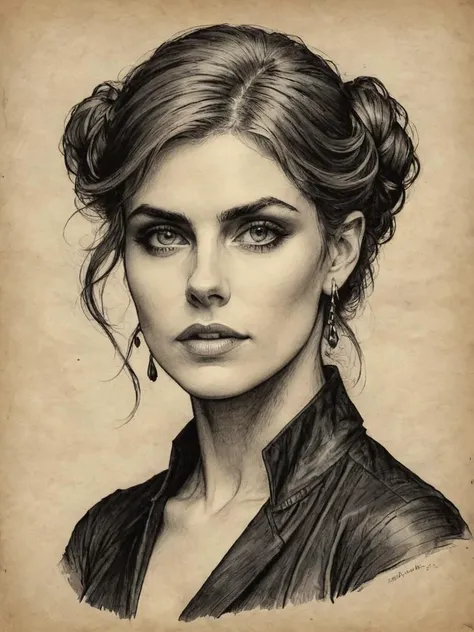 on parchment, ink illustration, amazing lifelike award winning ink illustration of DV_Maxine_Vicious trending on art station artgerm Charles Reiffel, Eadweard Muybridge cinematic, <lora:add-detail-xl:1> <lora:ParchartXL-1.5:1>