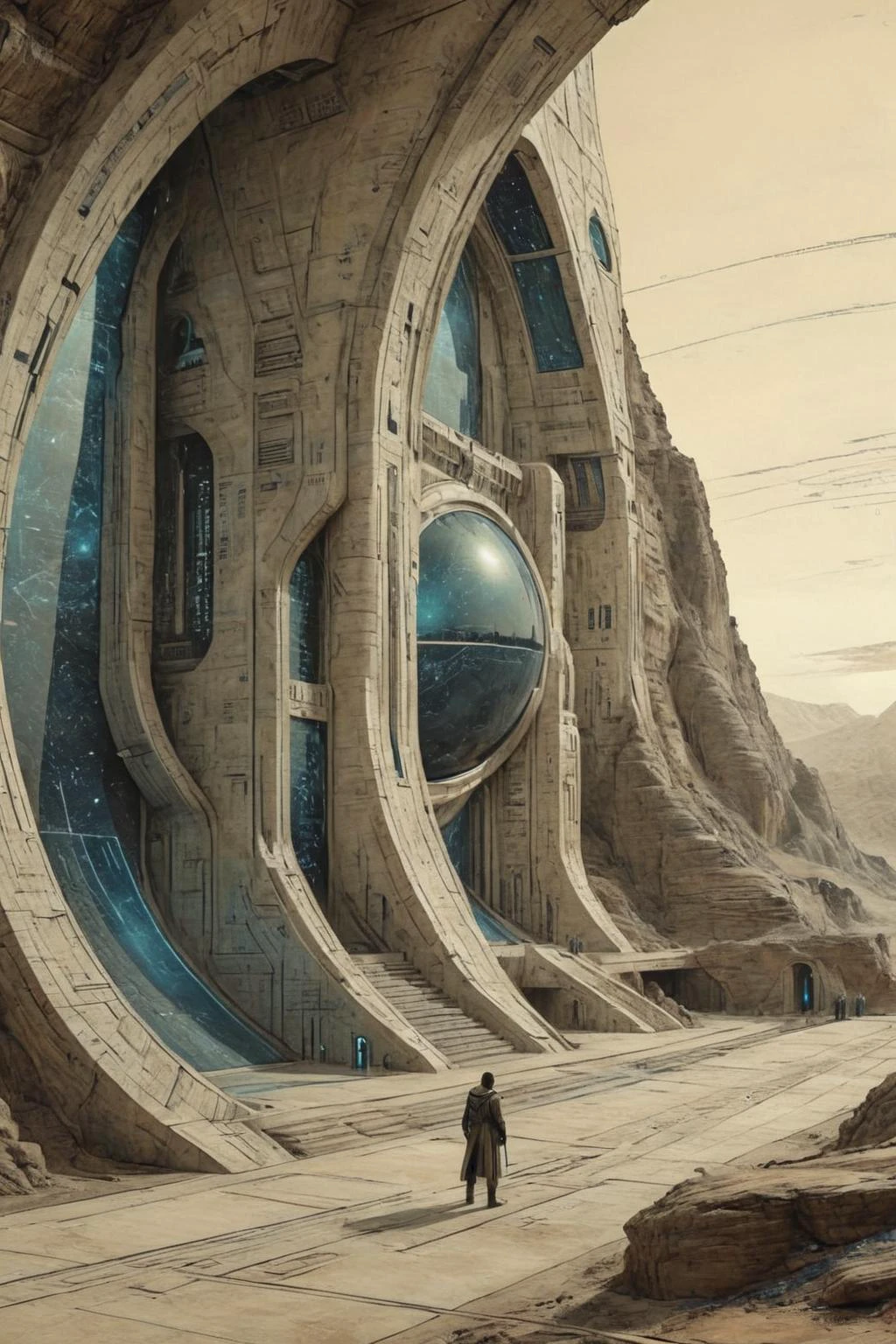 by Charles Schridde,ivory,Terragen,extremely beautiful,intricate details,masterpiece,best quality,
Futuristic style,sleek,modern,ultra modern,high tech,detailed,Ornate And Intricate,
by Moebius and by Marc Simonetti,in the style of nicola samori,dazzling,analog film,
Architectural style,Clean lines,geometric shapes,minimalist,architectural drawing,highly detailed,
<lora:çæ¢¦å·¥ä¸___DUNE-æ²ä¸XL_v1.0:0.9>,Dune movie style,futuristic architecture,
<lora:ParchartXL-2.0:1>,ON PARCHMENT,INK ON PARCHMENT,Architectural blueprints,detailed notations,grid lines,