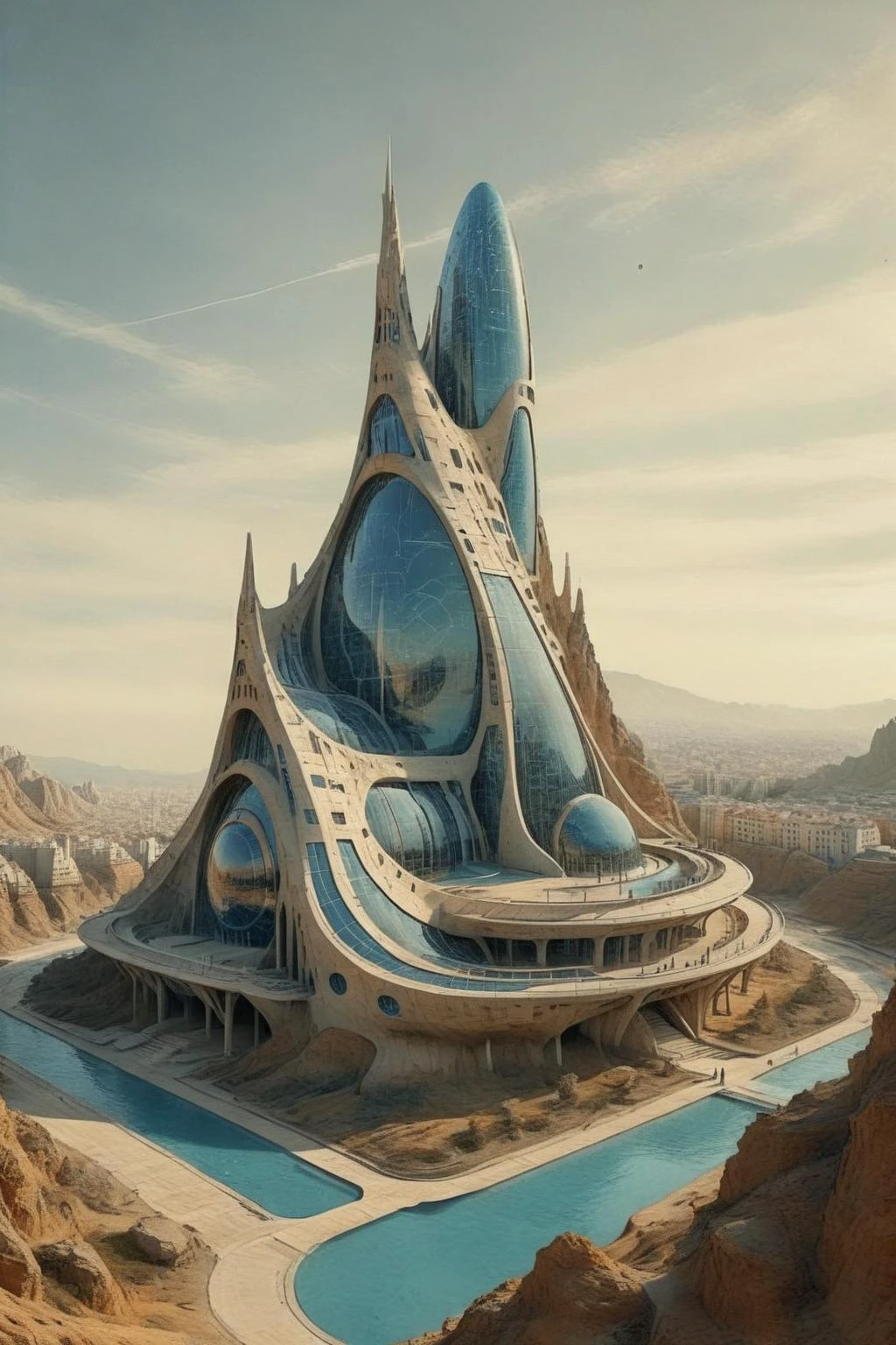 by Charles Schridde,vivid color,Terragen,extremely beautiful,intricate details,masterpiece,best quality,
Futuristic style,sleek,modern,ultra modern,high tech,detailed,Ornate And Intricate,
by Antoni Gaudi,Sou Fujimoto,in the style of nicola samori,dazzling,analog film,
Architectural style,Clean lines,geometric shapes,minimalist,architectural drawing,highly detailed,
<lora:çæ¢¦å·¥ä¸___DUNE-æ²ä¸XL_v1.0:0.9>,Dune movie style,futuristic architecture,
<lora:ParchartXL-2.0:1>,ON PARCHMENT,INK ON PARCHMENT,Architectural blueprints,detailed notations,grid lines,