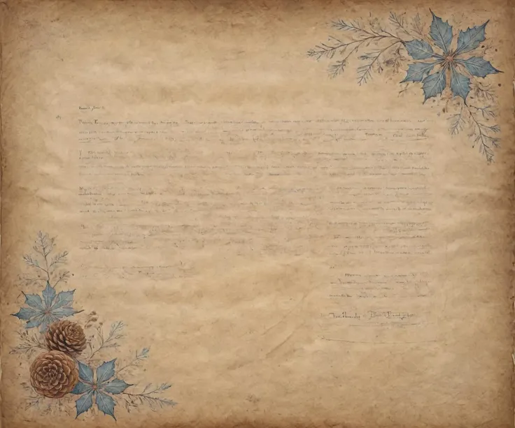 A fine old parchment lined writing paper,an unfinished love letter,Folds,Vintage Snowflakes on Grunge Paper,Dark Aesthetic Wall Decor,Fine brushwork pinecones and many small flowers adorn the bottom and bottom right corner of the paper,with matte texture and horizontal lines,and the content of the letter is blank,except for the beginning of the text "To my dear" written in artistic font,<lora:ParchartXL-2.0:1>, ON PARCHMENT,INK ON PARCHMENT,