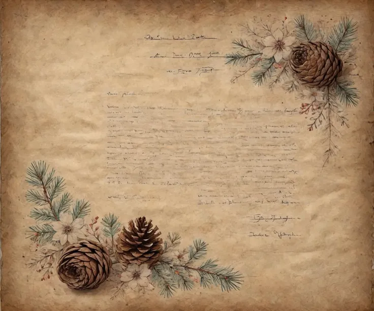 A fine piece of old parchment Paper,an unfinished love letter,wrinkles,Vintage Snowflakes on Grunge Paper,Dark Aesthetic Wall Decor,fine painted pine cones and a lot of small flowers decorate the bottom and bottom right corner of the paper,matte texture,The writing guidelines are blank,with only the beginning of the letter written in an artistic font,"To my dear",<lora:ParchartXL-2.0:1>, ON PARCHMENT,INK ON PARCHMENT,