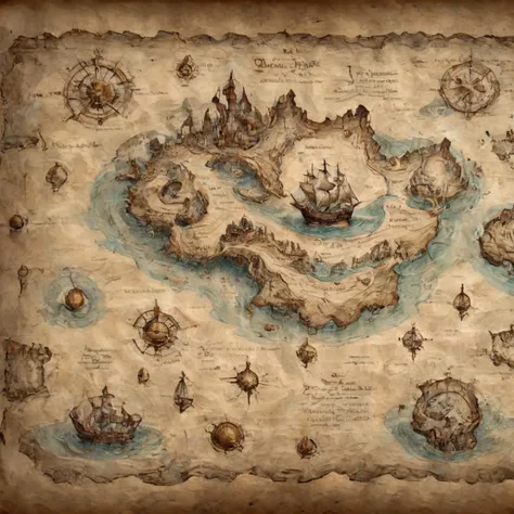 pirate sea map, mystical island, old world map drawn on parchment, decayed parchment <lora:ParchartXl:1>
